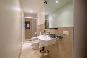 Shower, hair dryer, bidet, towels