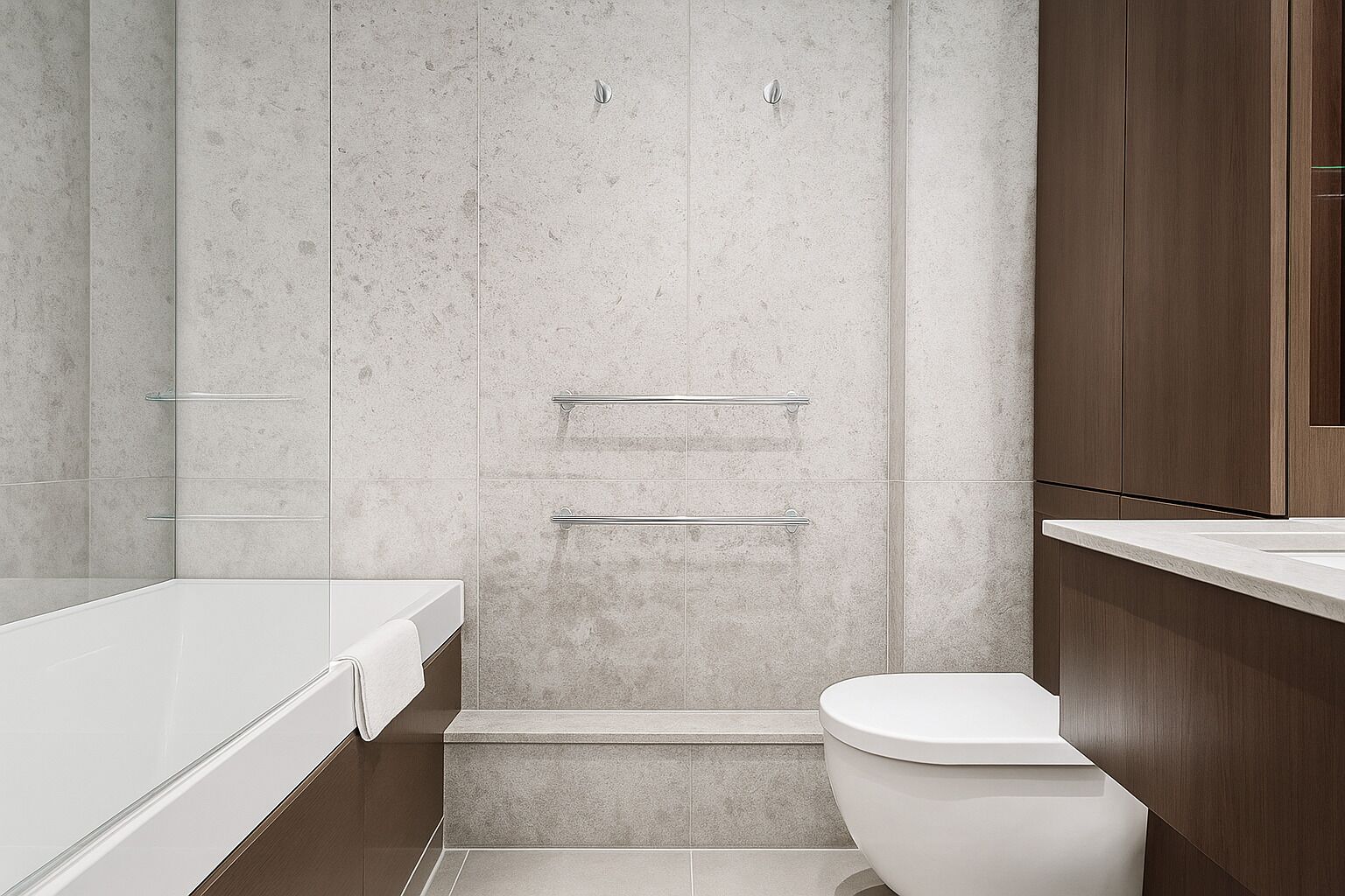 A modern bathroom with a shower, toilet, and bathtub.