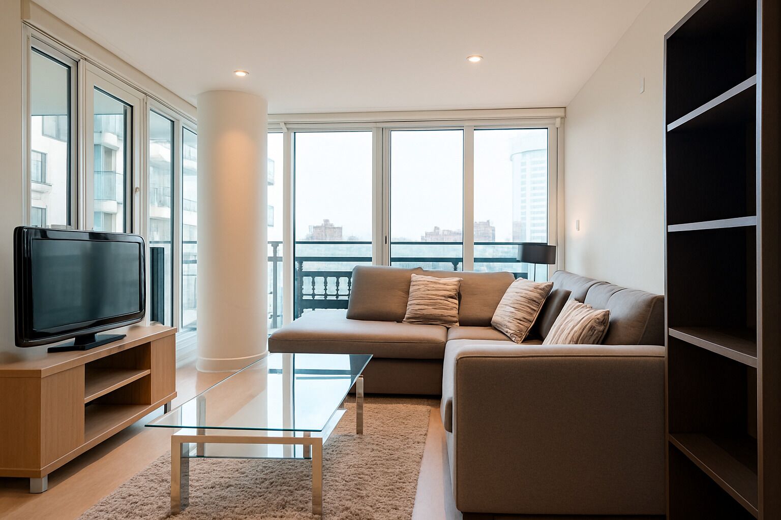 Ein modernes Wohnzimmer mit Flachbildfernseher, Glastisch, beiger Couch und großem Fenster mit Blick auf die Stadt.