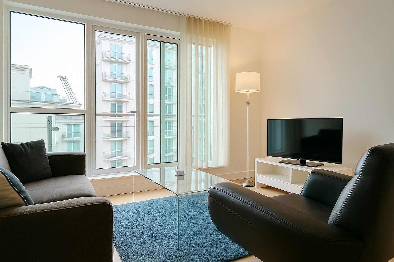 Un salon moderne avec un téléviseur, deux canapés en cuir, une table basse en verre et un lampadaire.