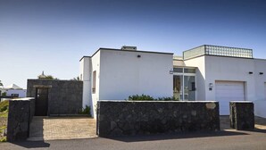 Ein modernes Gebäude mit einer Steingemauerten Eingangspforte, einer Garage und einer Glastür.
