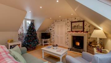 Smart TV, fireplace, DVD player, books