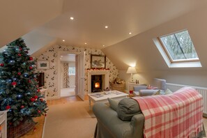 Smart-TV, peis, DVD-spiller og bøker