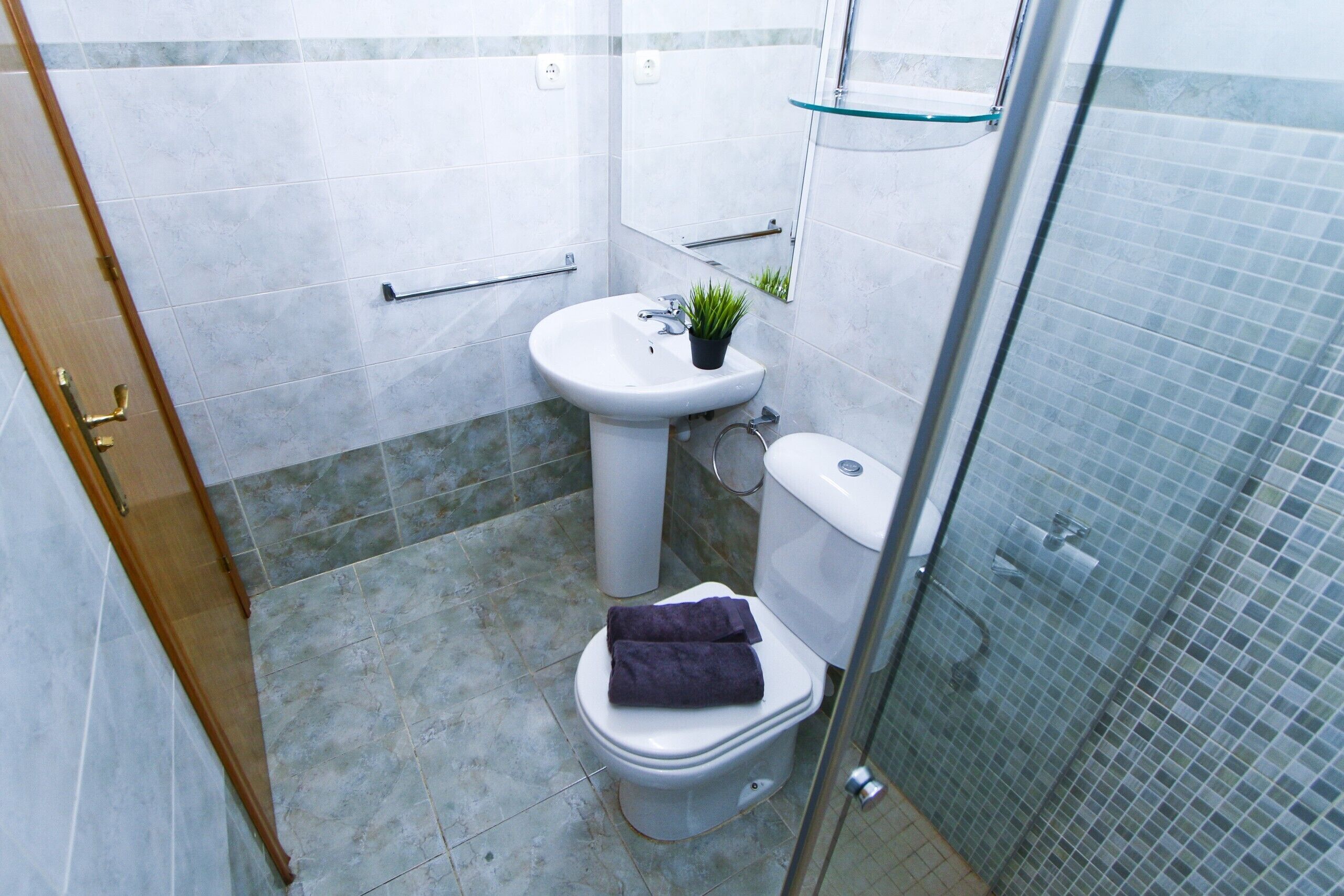 Et badeværelse med toilet, håndvask og brusekabine.