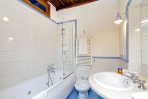 Combined shower/tub, hair dryer, bidet, towels