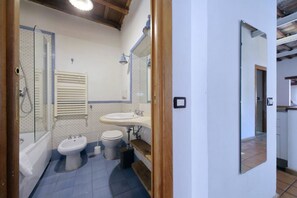 Combined shower/tub, hair dryer, bidet, towels