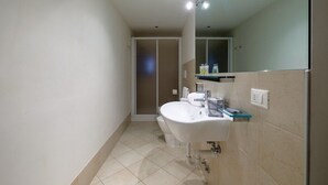 A modern bathroom with a white sink, a mirror, and a shower enclosure. - Lion's 1 (Venice)