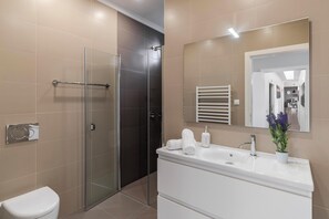 Shower, hair dryer, towels