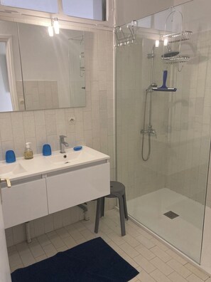 Dusche, Haartrockner, Seife, Toilettenpapier