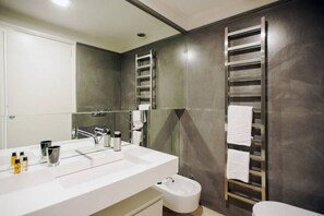 Shower, hair dryer, bidet, towels