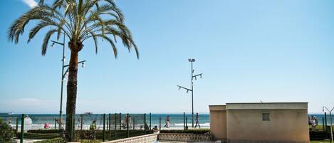 A swimming pool with a view of the ocean, a palm tree, and a building with a small window.