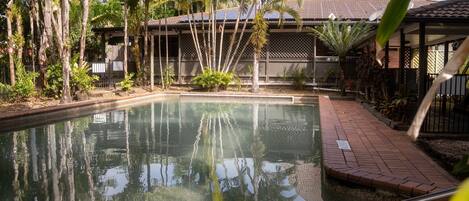 A pool surrounded by palm trees and a building with a tiled roof.