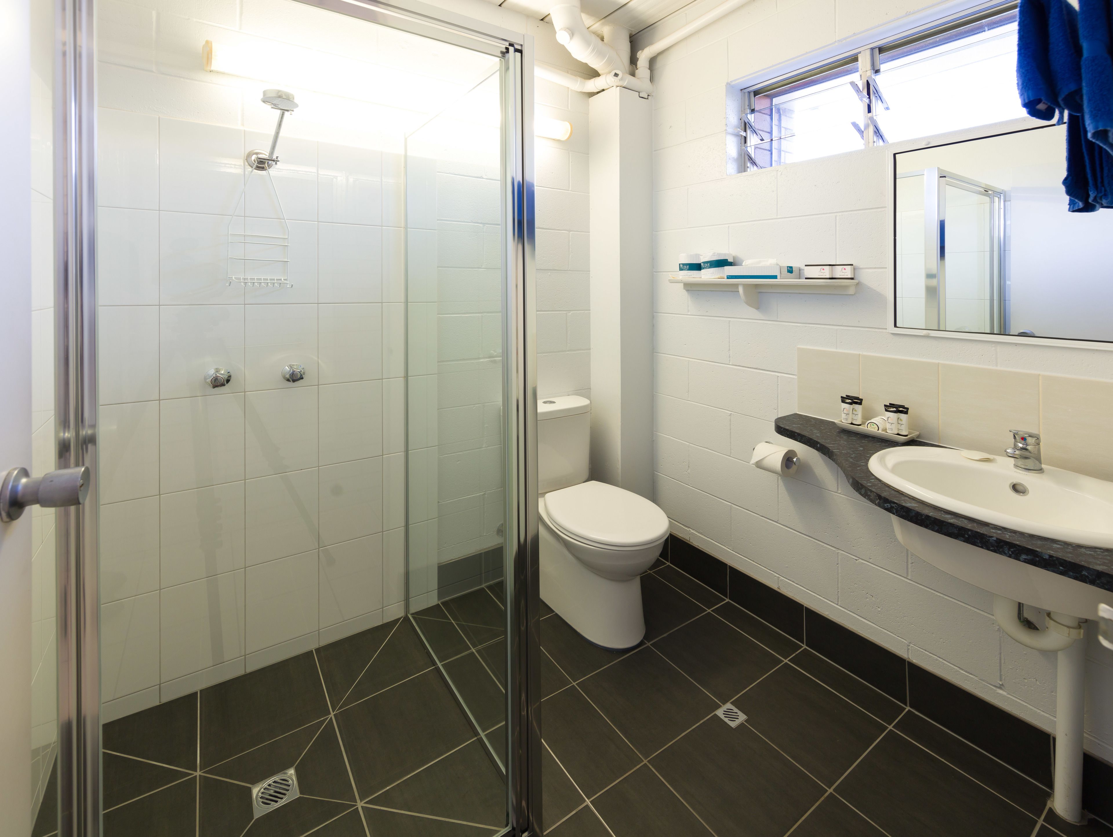 A bathroom with a glass shower enclosure, a toilet, and a sink with a mirror above it.