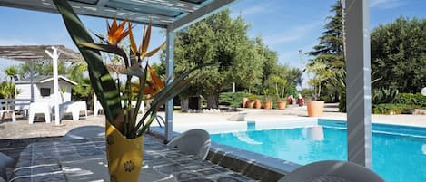 Piscine extérieure, chaises longues
