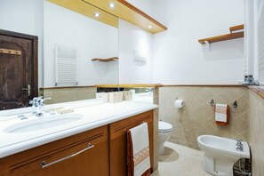 Combined shower/tub, hair dryer, bidet, towels