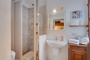 Shower, hair dryer, bidet, towels