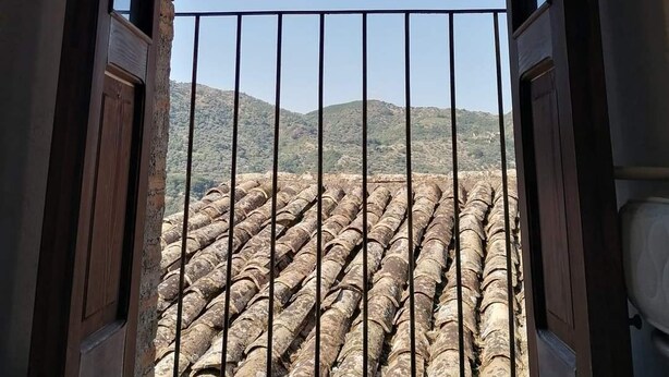 Vista a través de una reja metálica hacia un patio con columnas de piedra.