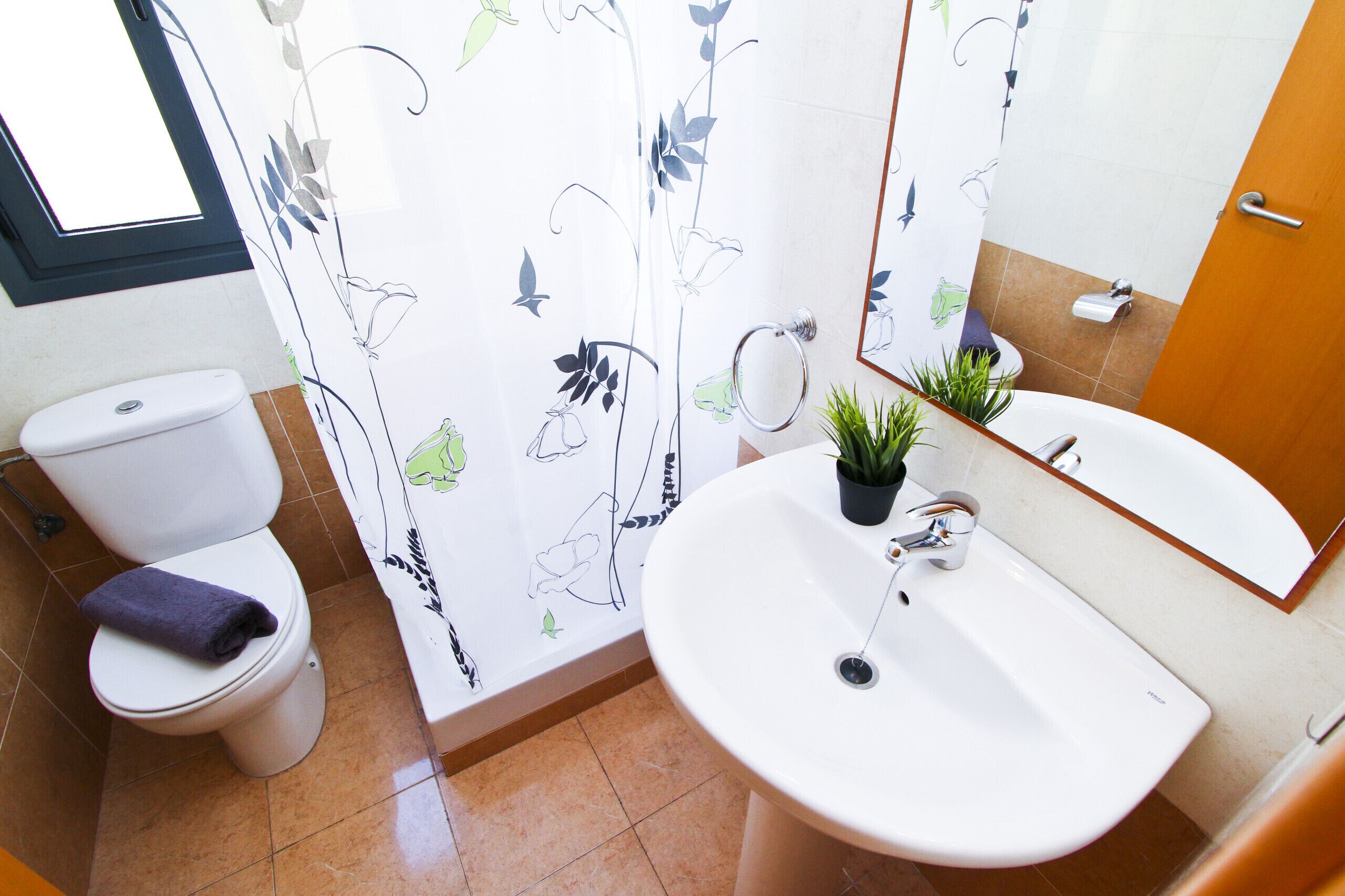 A bathroom with a toilet, sink, and mirror.