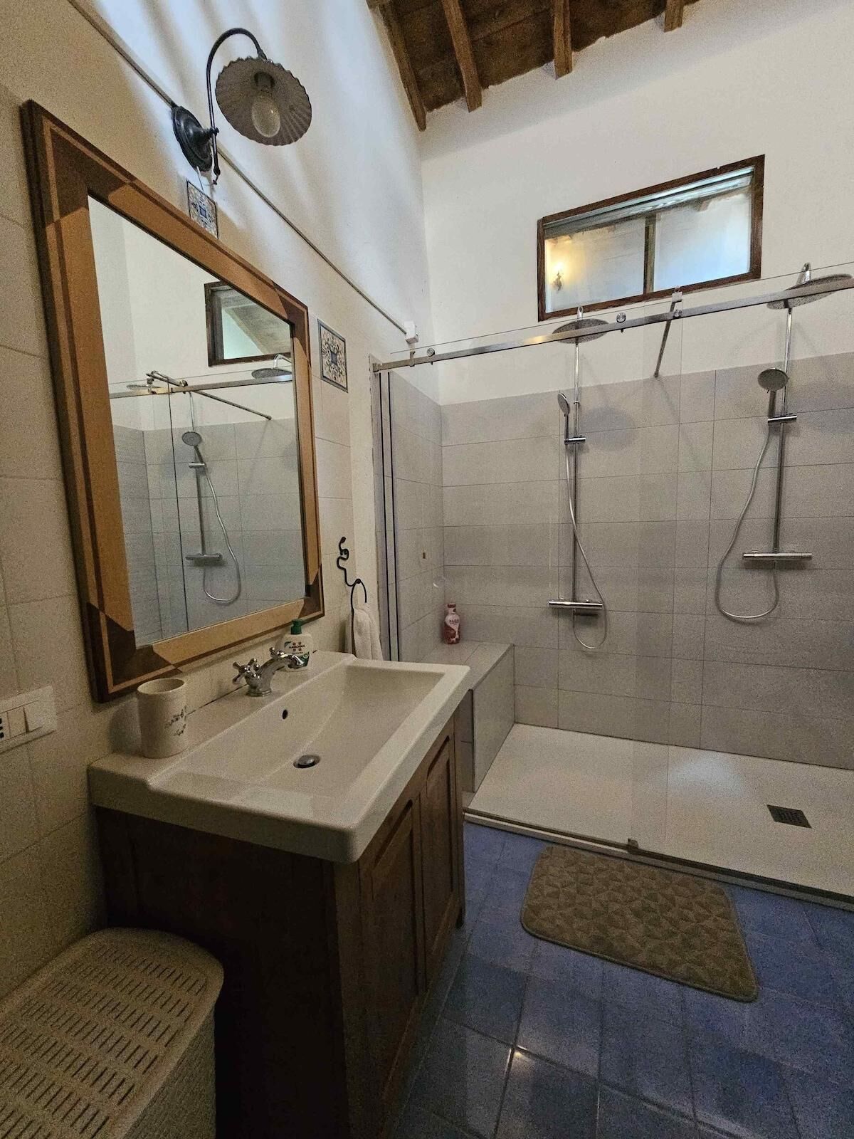 Une salle de bain avec un grand miroir, un lavabo, une douche et une fenêtre.