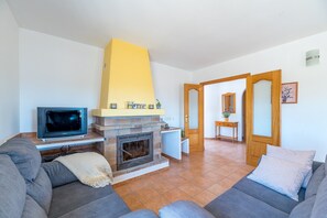 Un salon avec une cheminée, un téléviseur et un canapé.