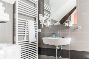 Shower, hair dryer, bidet, towels