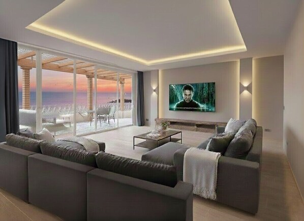 Smart TV, fireplace, video games, DVD player