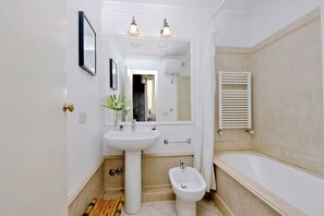 Bathtub, hair dryer, bidet, towels