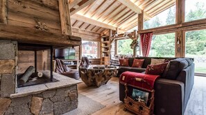 Smart TV, fireplace, video games, DVD player