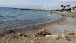 A beach with a rocky shoreline, a pier extending into the water, and palm trees in the background. - Sunrise watching Tabarca (Santa Pola)