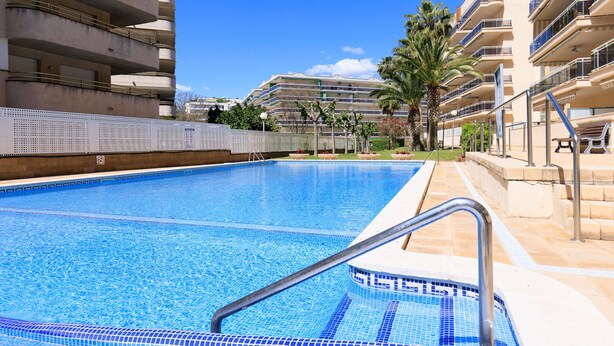 Une piscine dont le bord est recouvert de carrelage, entourée d’un mur en béton et d’une clôture.