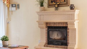A stone fireplace with a black glass door, a small potted plant on top, and a framed picture above it. - Villa Cruz - PlusHolidays (Calpe)