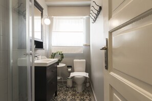 Secador de cabelo, toalhas de banho, sabonete, papel higiênico