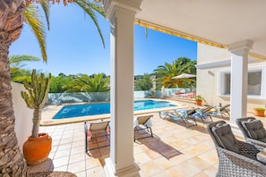 A poolside area with a view of a swimming pool, lounge chairs, and a cactus plant.