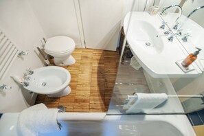 Combined shower/tub, hair dryer, bidet, towels