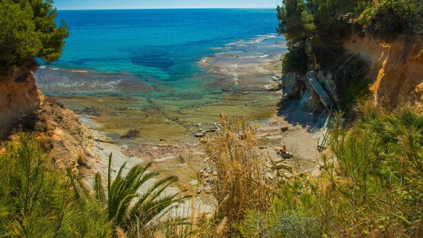 A coastal landscape with clear blue sea, rocky shore, and vegetation.
