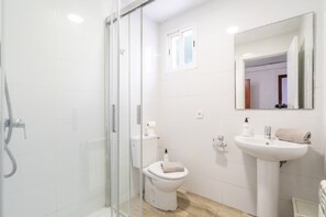 Bathtub, hair dryer, bidet, towels