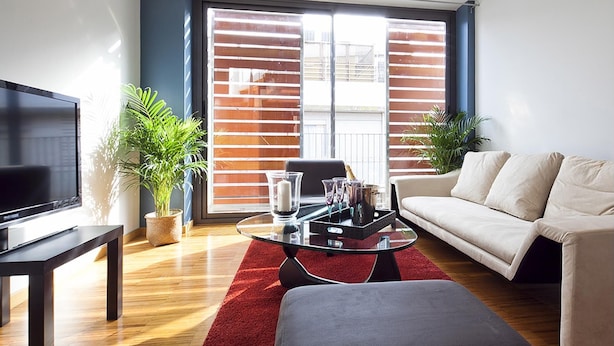 Un salon moderne avec un téléviseur à écran plat, un canapé, une table basse et deux plantes en pot.