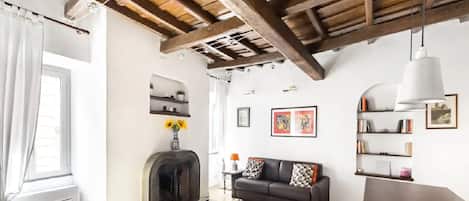 TV connectée, cheminée, livres