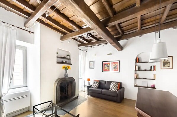 Smart TV, fireplace, books