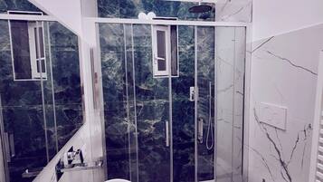 Shower, hair dryer, bidet, towels