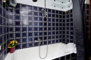 Combined shower/tub, hair dryer, bidet, towels