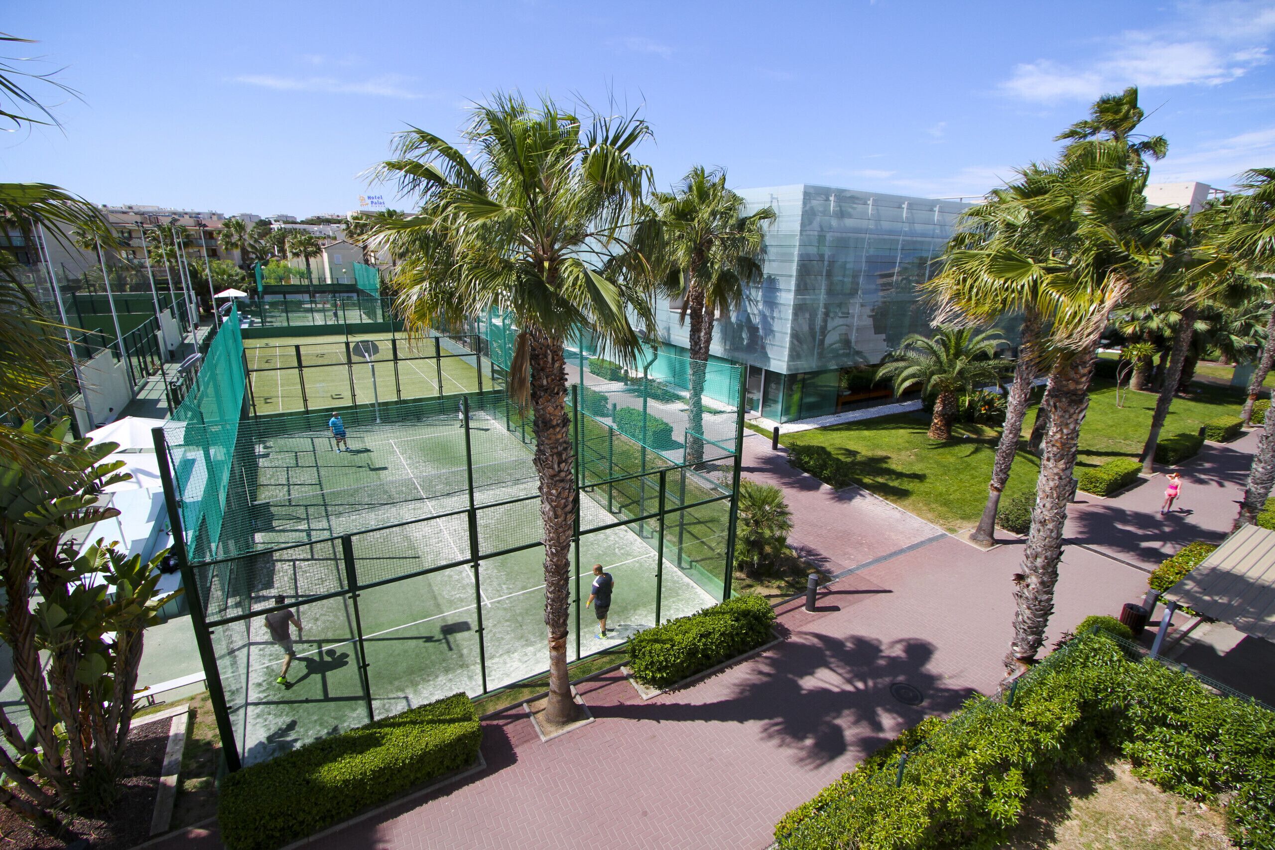 Een tennisbaan omringd door palmbomen en een glazen gebouw.