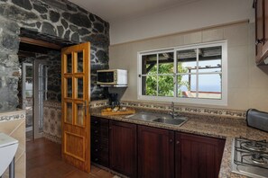 Una cocina con pared de piedra, armarios de madera, microondas, pileta y ventana con vistas.