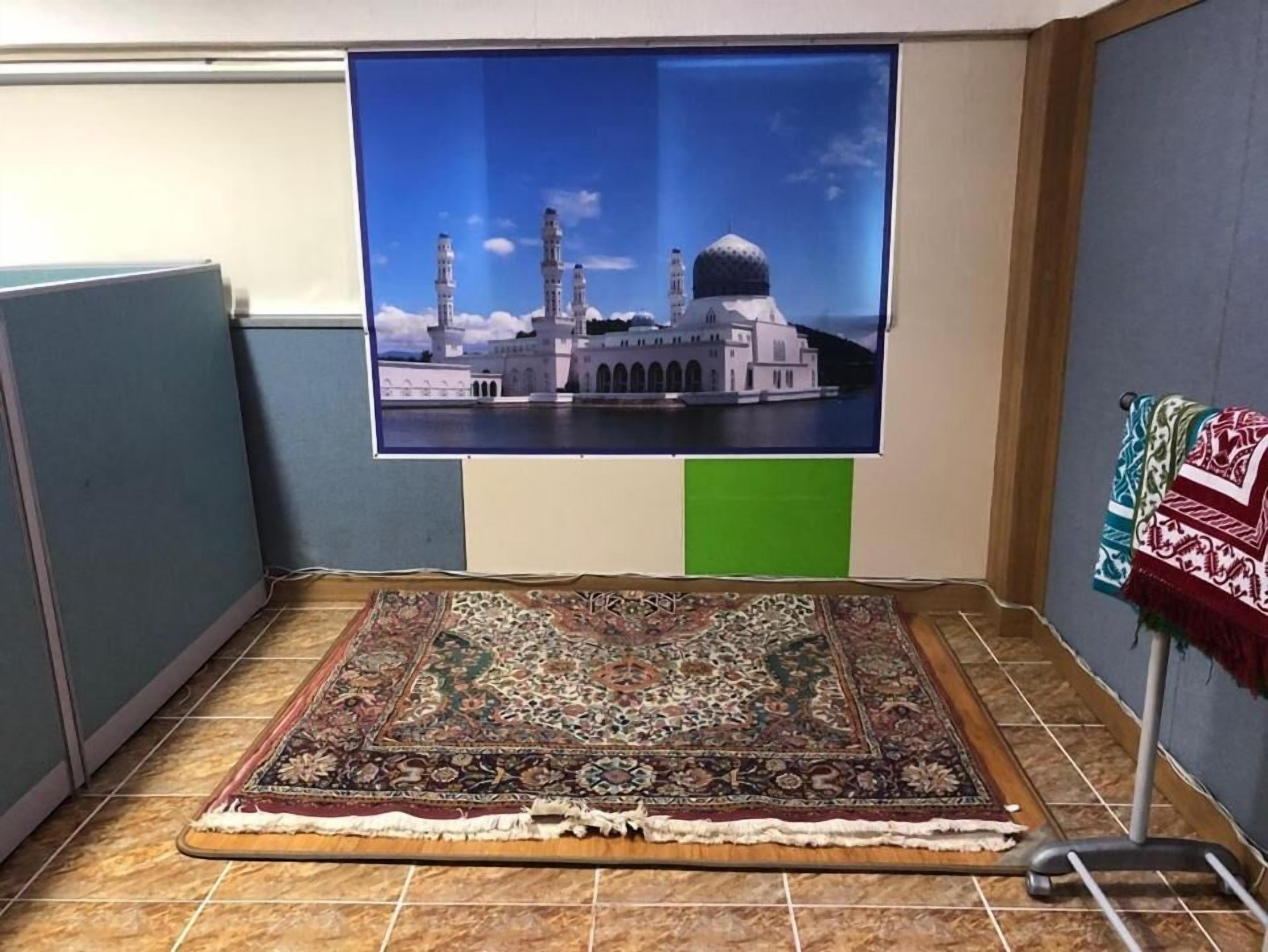 Huoneessa on suuri, seinälle asennettu taulutelevisio, kuviollinen matto lattialla ja osittainen näkymä kuviollisesta peitosta, joka on telineessä.