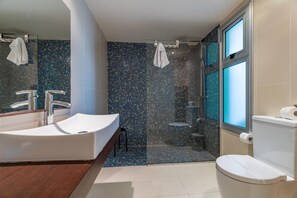 Regadera, secadora de cabello, shampoo, papel de baño 