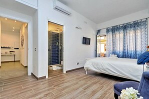 Une chambre avec un lit, une salle de bain avec douche et un coin cuisine.