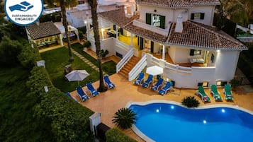 A heated pool, pool loungers