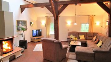 Fernseher, Kamin, DVD-Player, Bücher