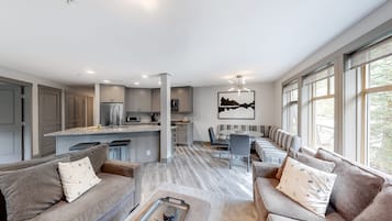 Télévision, cheminée, baby-foot, livres