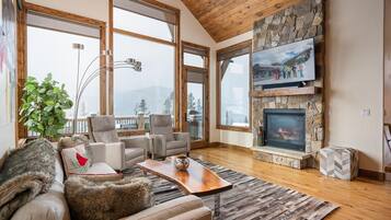 Smart TV, chimenea, reproductor de DVD y libros